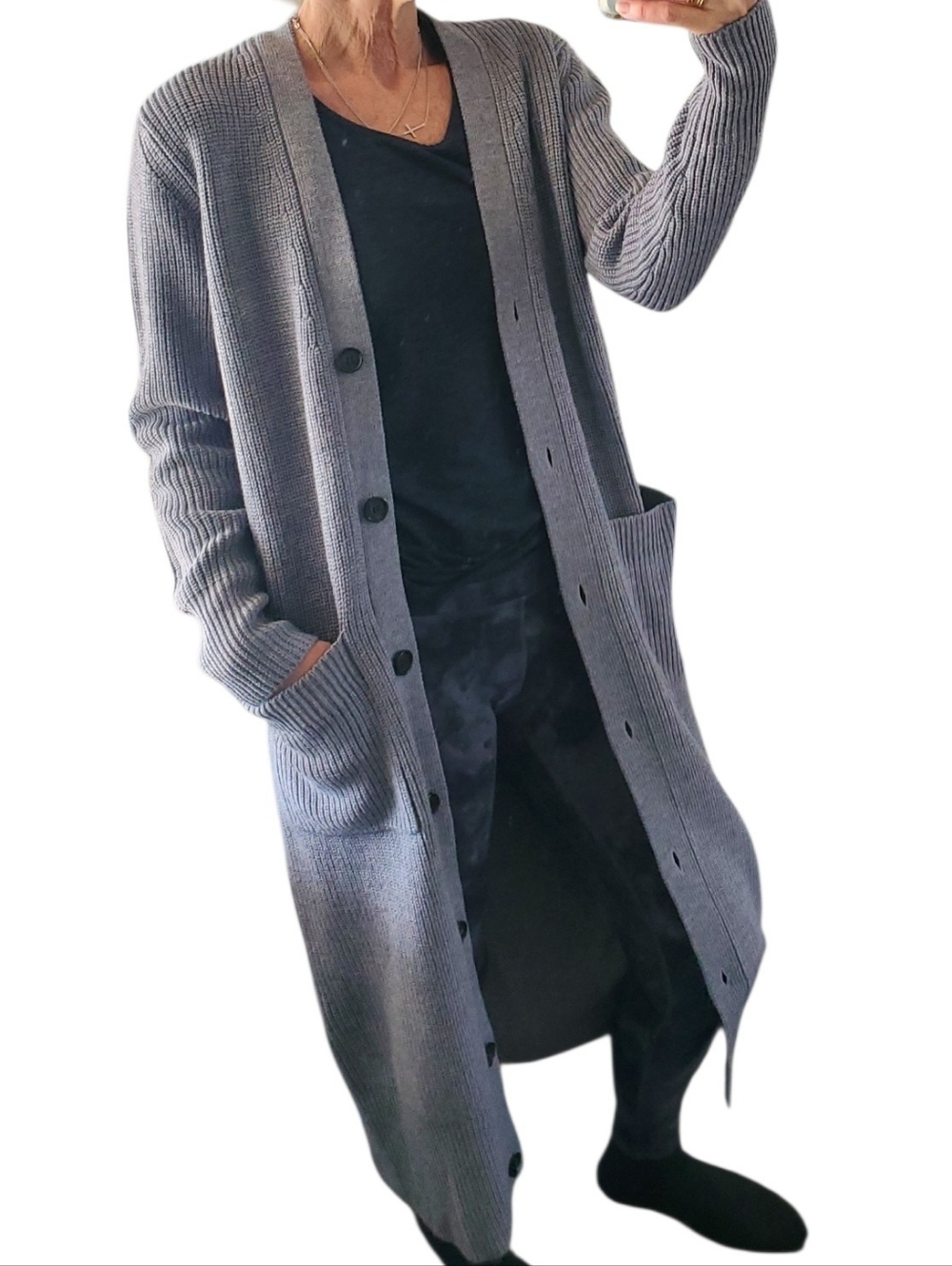 100% Wool Long Knit Button Front W/pockets Cardigan Duster Sweater Coat